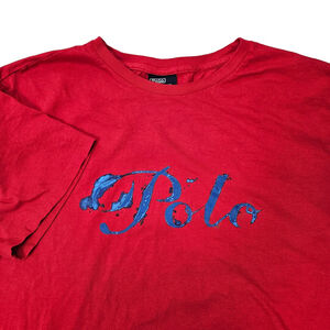 Polo Ralph Lauren Mens Large Red T-Shirt Blue Script Logo Graphic Tee Cotton Y2K